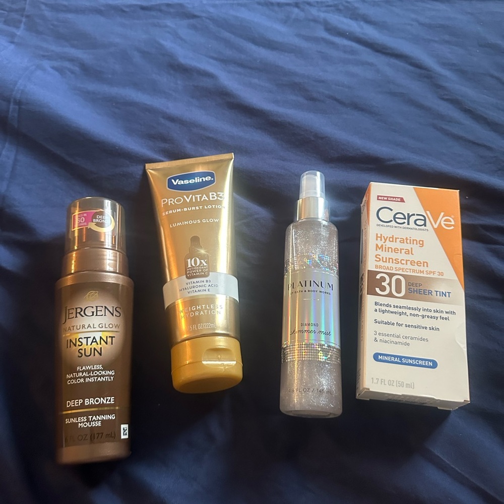 4 item sunscreen .cream .shimmer diamond  and istant sun. Tanning mouse